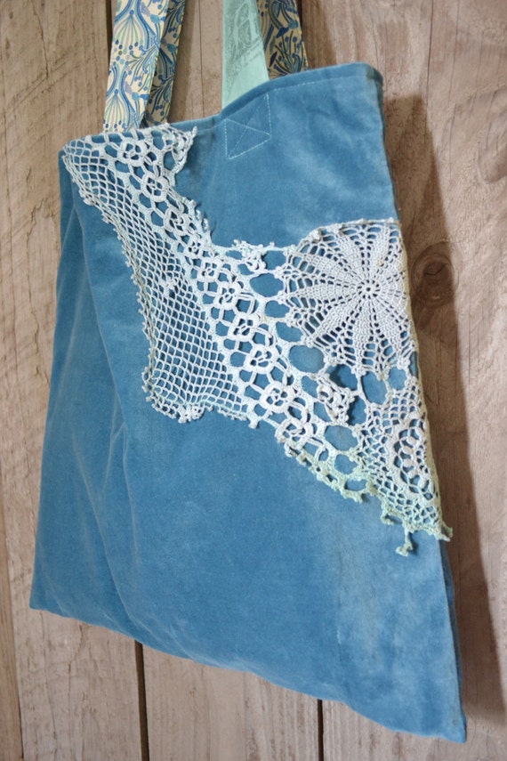 blue velvet book shoulder bag mori girl shabby teal blue