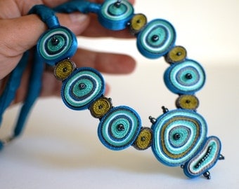 Textile necklace turquoise, statement necklace blue, textile pendant turquoise - Textile jewelry OOAK ready to ship