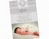 Printable Personalized Grey Damask Adorable Baby Boy Baptism Christening Photo Invitations Baptism Party Invitations Christening Invitations