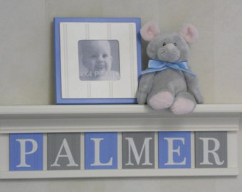 Baby Boy Room Decoration | Name Nursery Decor | White or (Off White) Shelf | Wooden Wall Letters | Light Blue and Gray | Name + Shelf