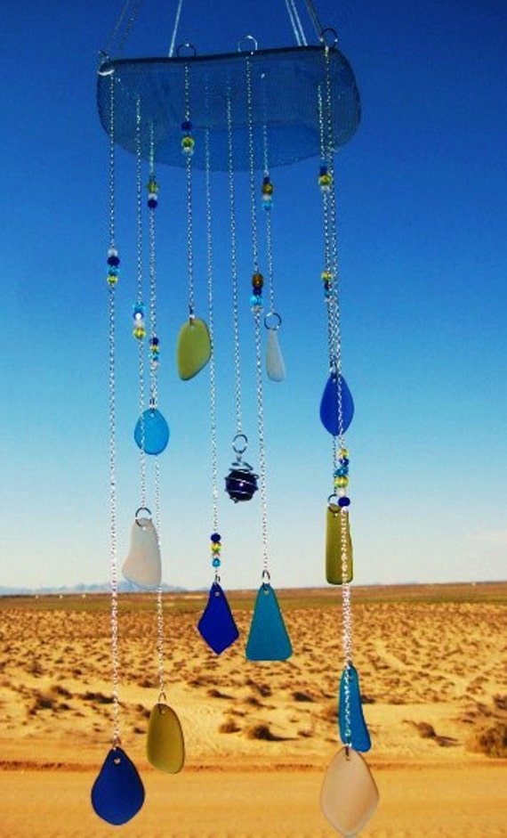 Beach Glass Wind chime /Mobile with Wire Wrapped Glass Marble