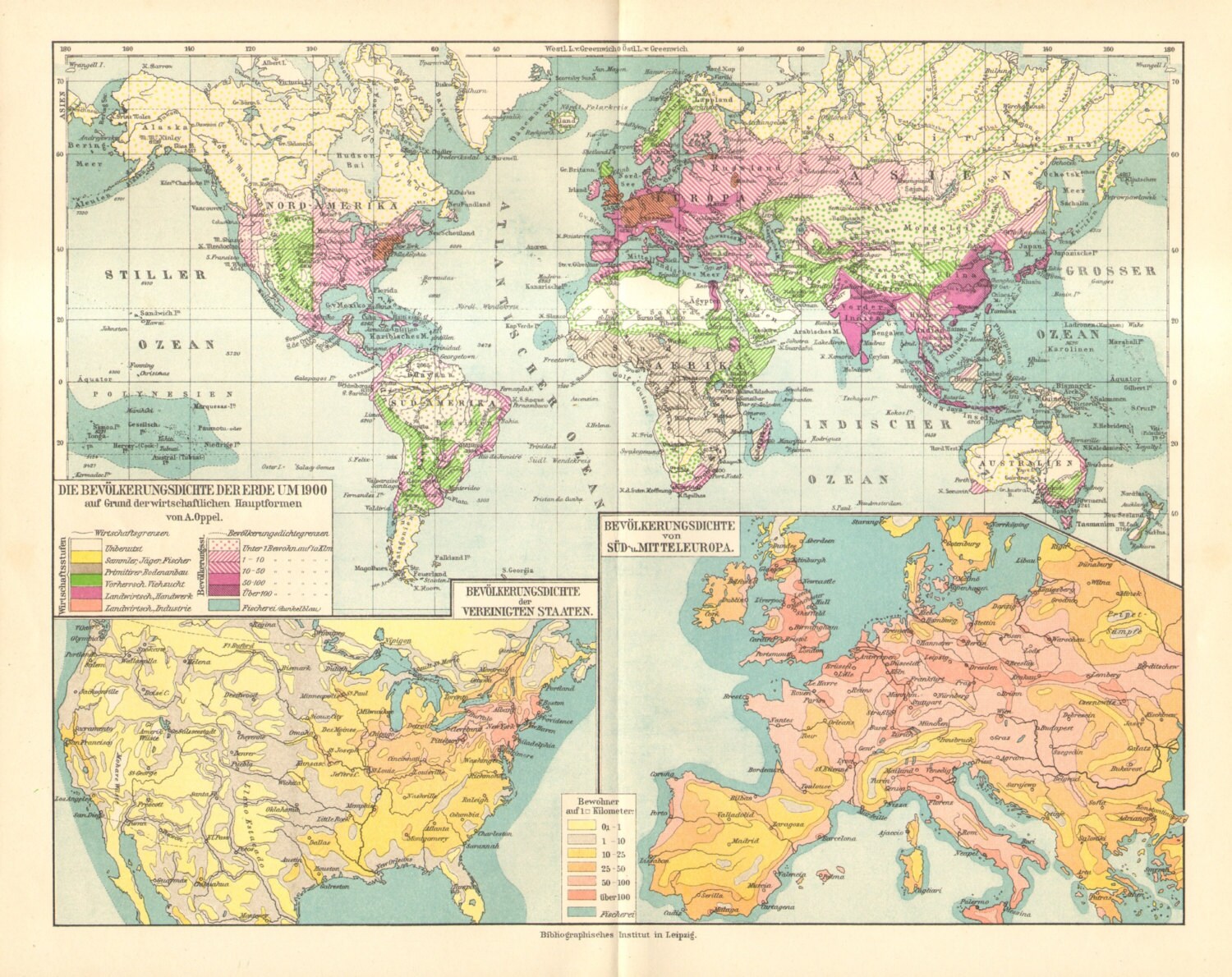 1908 Original Antique Population Density Map of the World