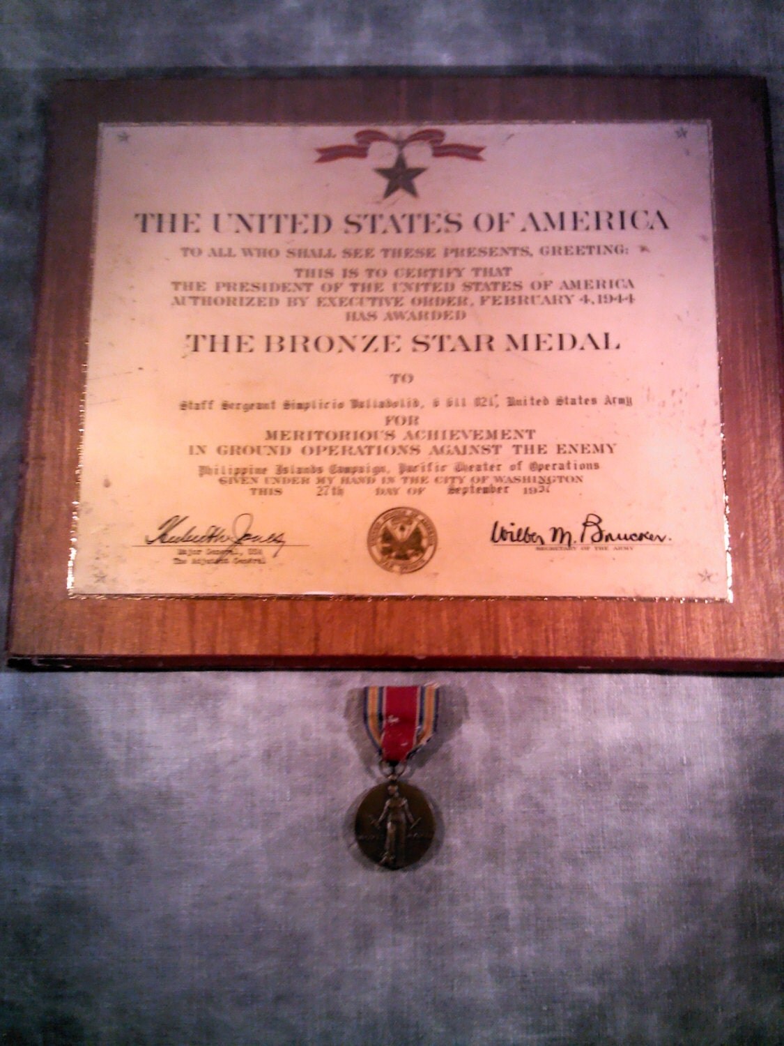 Vintage Bronze Star Medal Certificate with Bronze Freedom