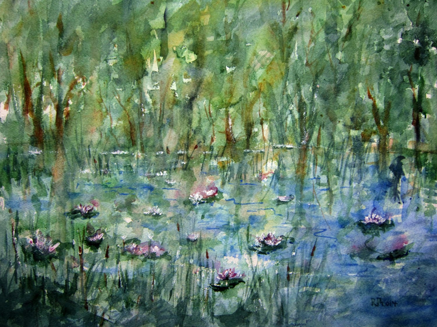 Print of Watercolor Landscape painting Lily Pond watercolor