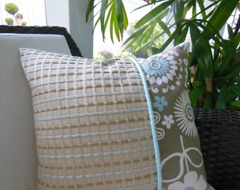 Mode Gemma Latte Designer Pillow - Decorative Accent Throw Pillow - Tan, Aqua, Beige, Pale Blue Pillow - Checked - 15 x 15 Inch Reversible