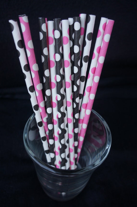 20 Minnie Mouse Birthday party straws pink black white polka dot