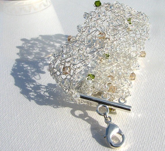 Silver wire crochet bracelet hand knit jewelry silver cuff