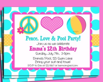 Pool Party Invitation Printable or Printed with FREE SHIPPING - Peace Love and Pool Party
