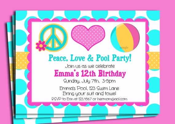 Pool Party Invitation Printable or Printed with FREE SHIPPING - Peace Love and Pool Party Il_570xn