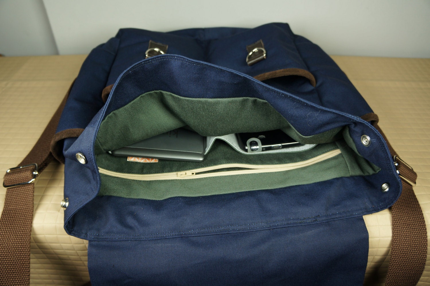 Hipster Backpack/ Canvas Backpack/ Brown Leather/ Mens