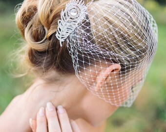 Veils, bridal Birdcage veil with peacock rhinestone comb- ORSA