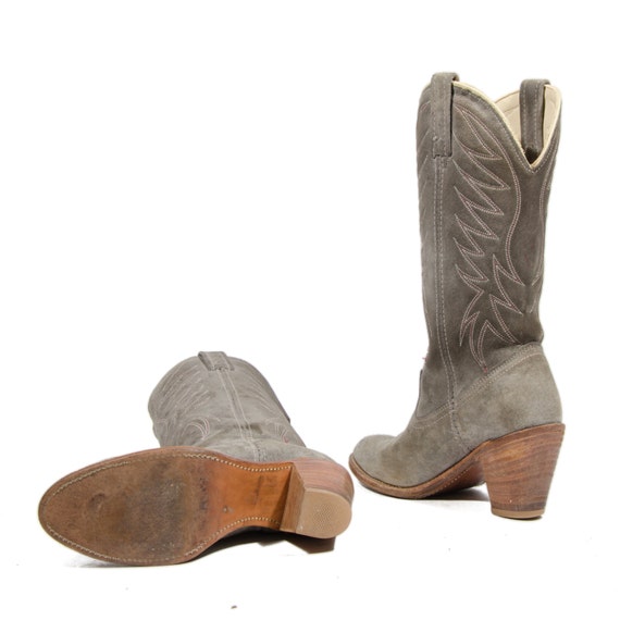 Women's ACME Stacked Heel Cowboy Boots Gray Suede Western