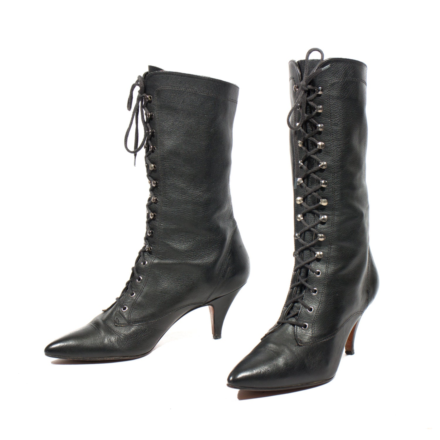 L.J. Simone Black Leather Witch Boots Mid Calf Lace Up High