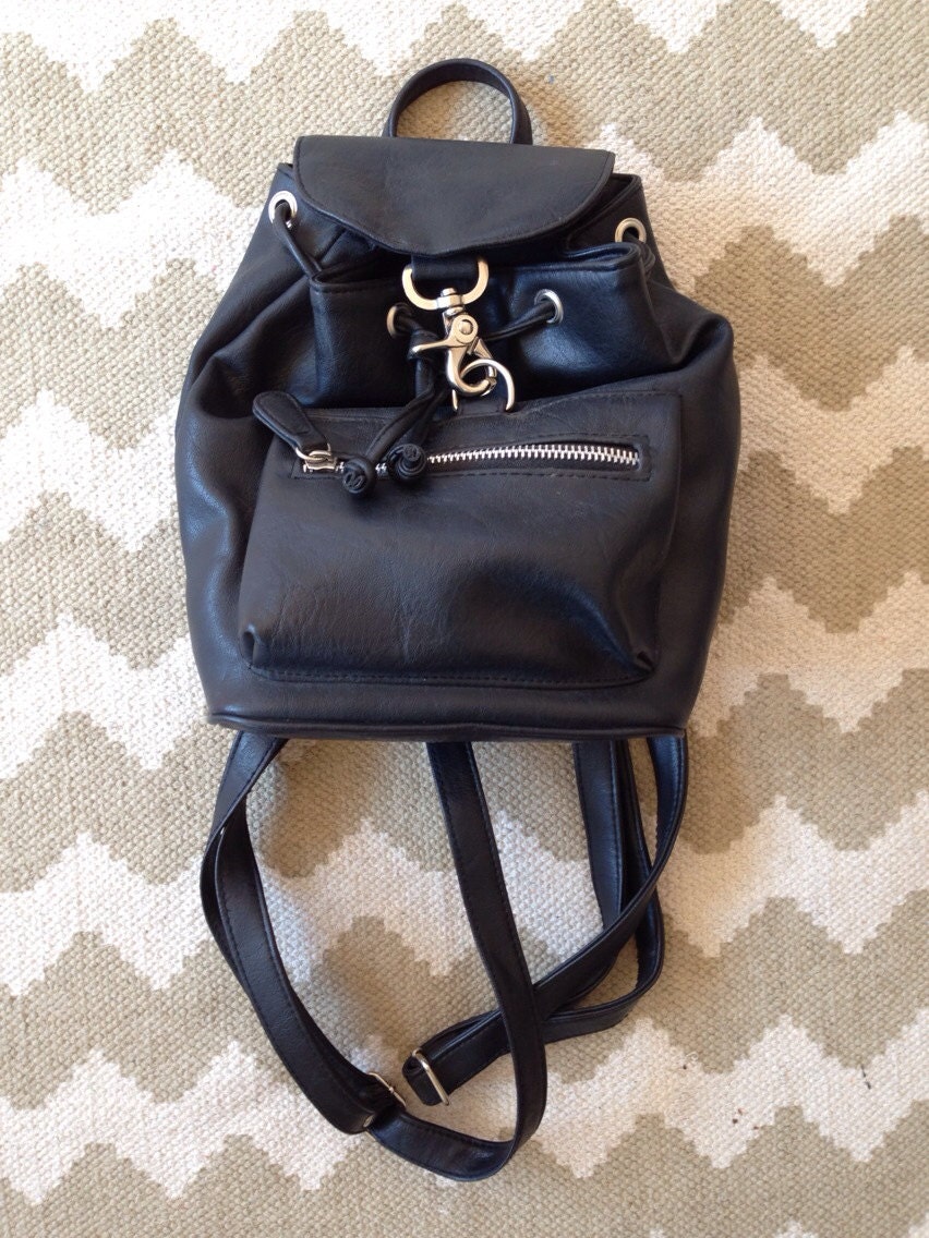 Vintage Black Vegan Leather Mini Backpack / Purse