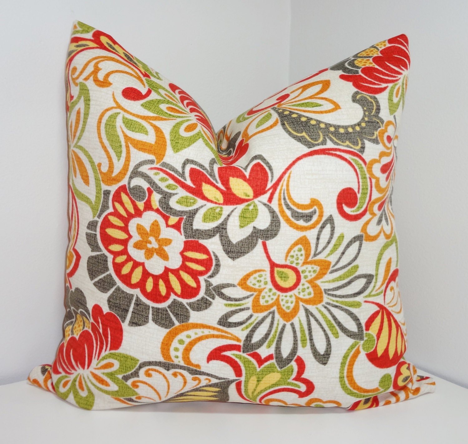 OUTDOOR Deck Patio Pillow Cover Floral Red Grey Orange Green