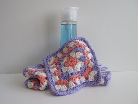 3 Crochet Granny Square Cotton Dishcloth Lavender Purple