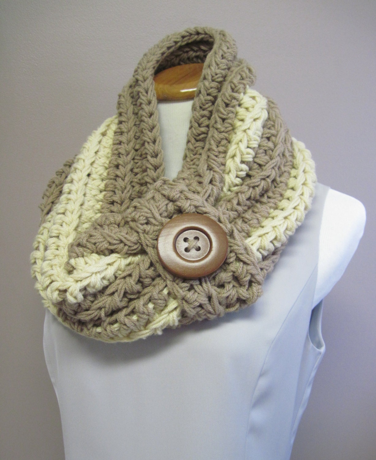 Cowl Chunky Bulky Button Crochet Cowl: Off White with Brown