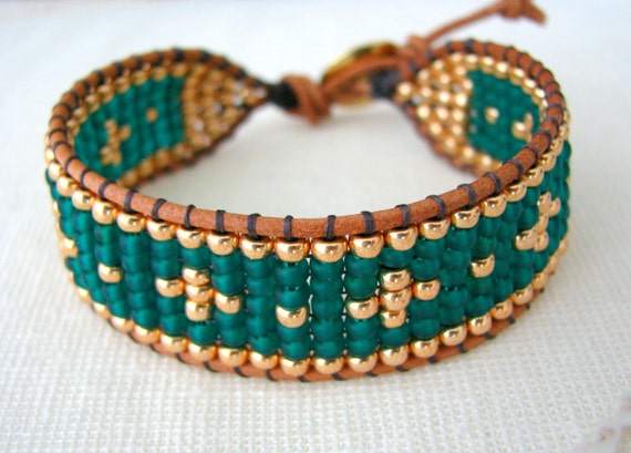 Bead Loom Wrap Bracelet Emerald Green & Gold Beaded Bracelet