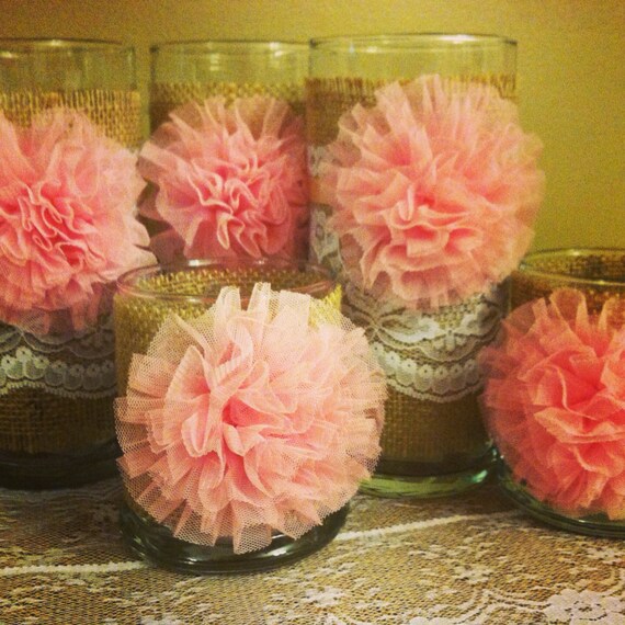 Items similar to Set of 5 Wedding Burlap and Lace Candle Holders with