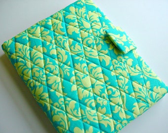 iPad/iPad air/iPad Pro 9.7/Kindle HD 8.9/10 inch cover/Samsung Tab A quilted in Michael Miller's Dandy Damask Lagoon Blue