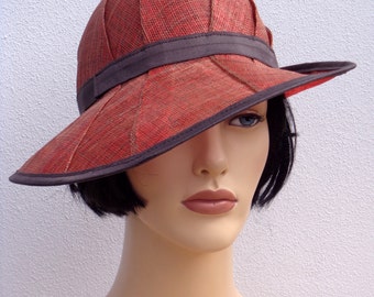 Flapper hat, red and brown sinamay cloche, sun hat, wedding hat, retro, 1920s vintage inspired, garden party, bridesmaid hat, great Gatsby