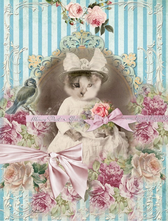 Digital Collage sheet - vintage, instant download, Dreams 91, shabby chic, kitten, roses, background, scrapbooking