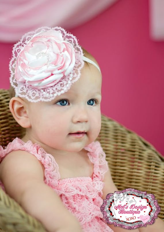 Pink white satin singed flower headband , baby girl headband, toddler ...