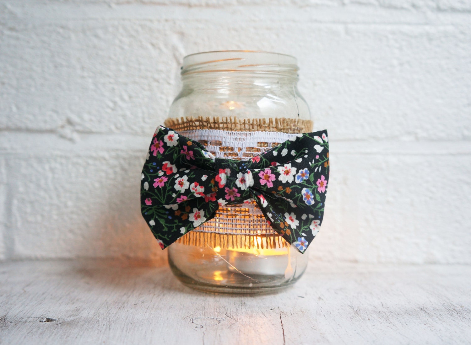 Jam jar candle holder with cath kidston style bow by SewMice