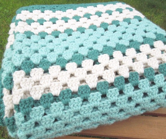 Teal turquoise white crochet afghan throw Vintage