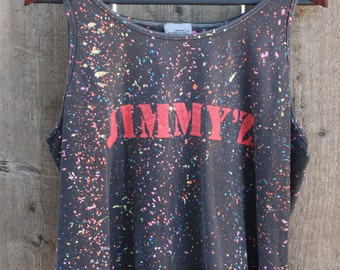 Vintage Early '90s Oversized JIMMY'Z Cropped Tank Top w/ Neon Splatter Paint Size Medium