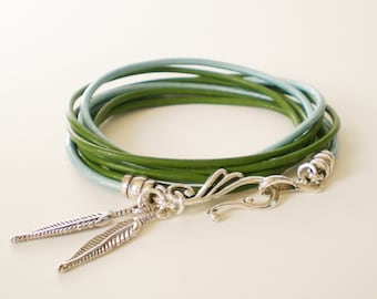 green leather wrap bracelet, personalized leather charm bracelet, boho chic cuff, rocker style, stacking bracelet