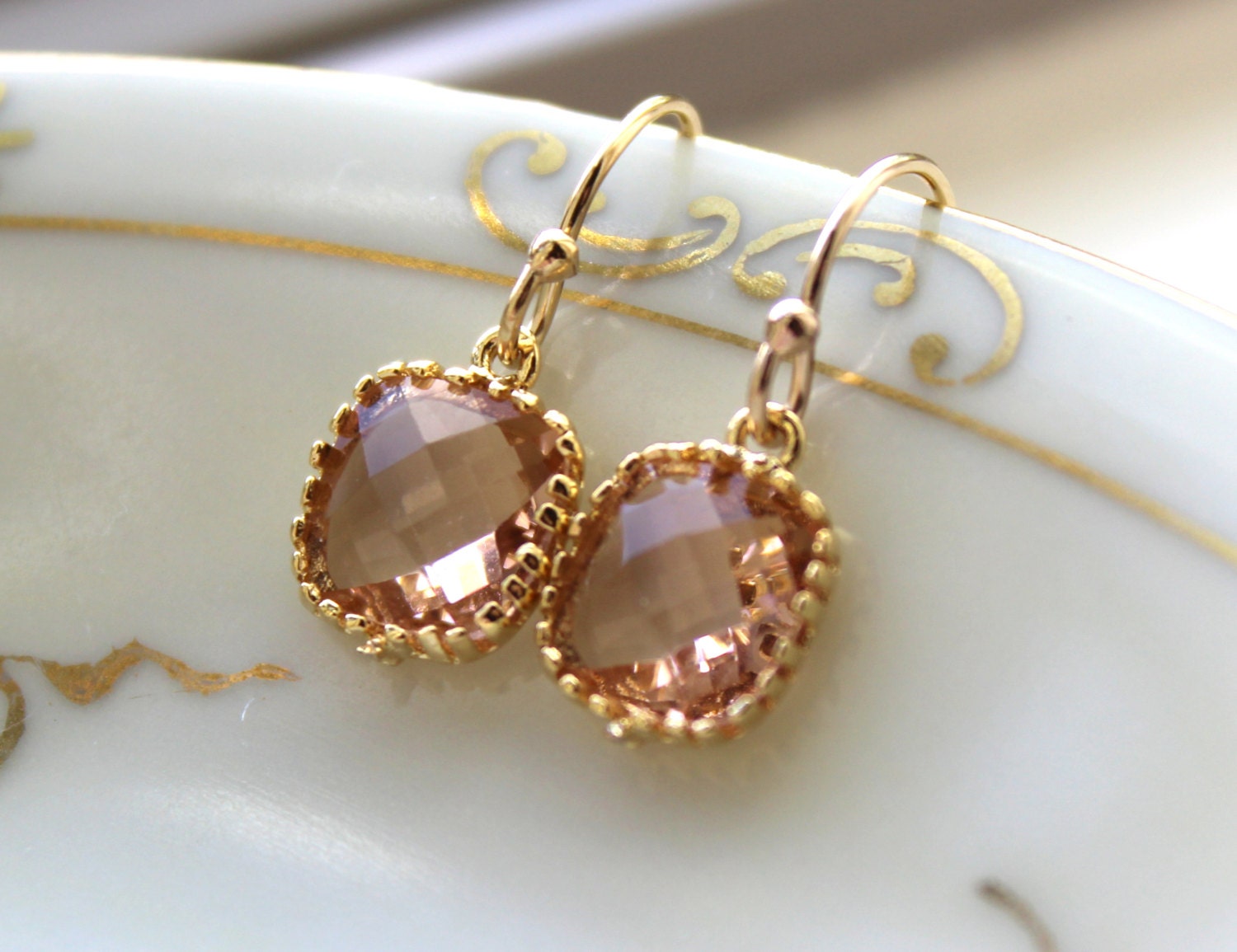 Dainty Champagne Blush Earrings Gold Plated - Peach Bridesmaid Earrings - Wedding Earrings - Champagne Wedding Jewelry - Bridal Earrings