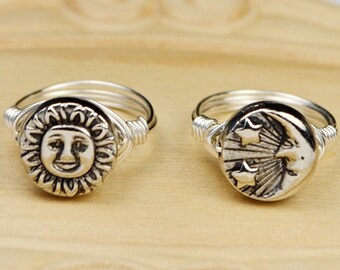 Choose Sun OR Moon Ring- Sterling Silver Filled Wire Wrap Ring with Silver Tonel Bead - Any Size - Size 4, 5, 6, 7, 8, 9, 10, 11, 12, 13, 14