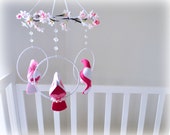 Cherry blossoms and bird mobile - baby mobile - rose, flamingo pink and white love birds - nursery decor - MADE TO ORDER