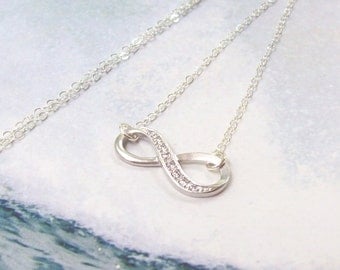 SALE CZ Infinity Necklace, Sterling Silver Necklace, silver infinity, matte, elegant, CZ, fashion, simple, minimal, women