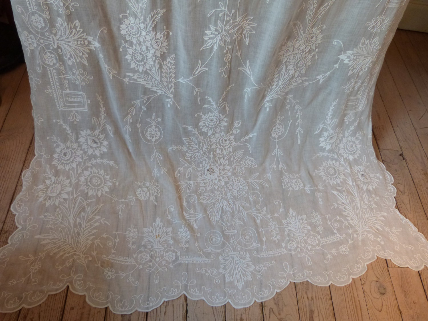 Antique French window lace curtain drape panel hand