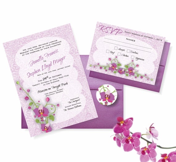 Radiant Orchid Wedding Invitation Suite: 5x7 Invitation, RSVP Card, Envelopes, Envelope Seal 2014 Color of the Year