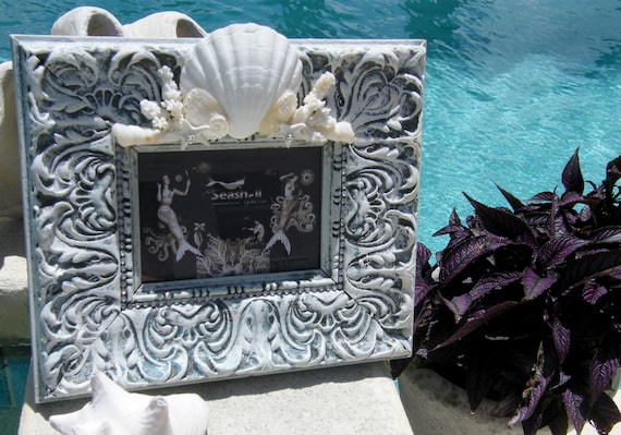 Gallery Frame Embellished with Seashells and Coral Pieces for Coastal Home Decor look.
