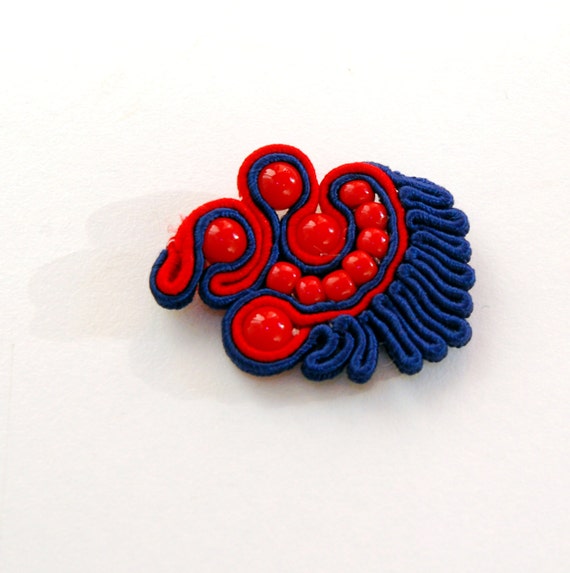 Marine red / blue brooch, soutache, free shipping