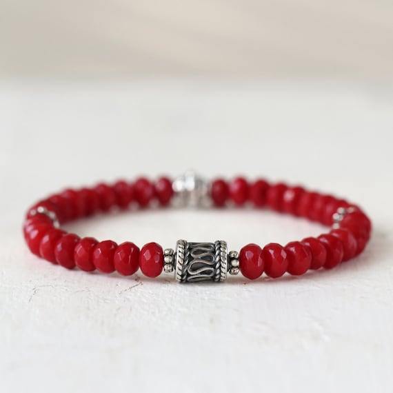 Red Coral Bracelet - Gemstone Stretch Bracelet - Silver and Red Stone Bracelet - Stacking Bracelet - Coral Jewelry - Bracelet for Her