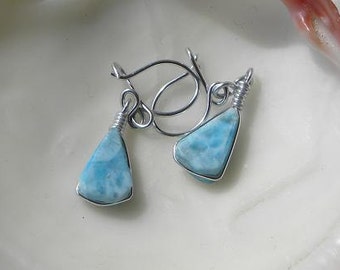 Larimar Earrings Handmade Dominican Sky Blue 12x8mm Cabochons 1" Sterling Silver Semiprecious Gemstone Take 20% Off Women's Jewelry Sale