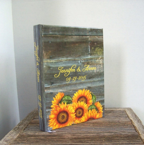Rustic Wedding Guest Book with Sunflowers and Wood A
