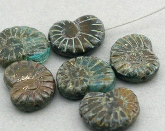 Czech Glass Shell Beads 6pcs aqua Picasso 13X17mm JB11082