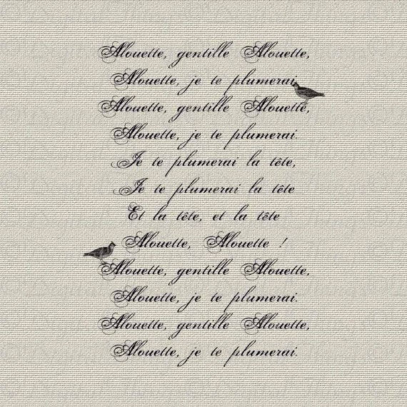 French Script Nursery Rhyme Song Alouette French Decor
