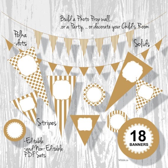 SALE Gold Party Decorations Birthday Banner PDF Editable Stripe Polka Dot Pennants 3 Sizes 18 Banners : BA0201 3s4350 Il_570xn