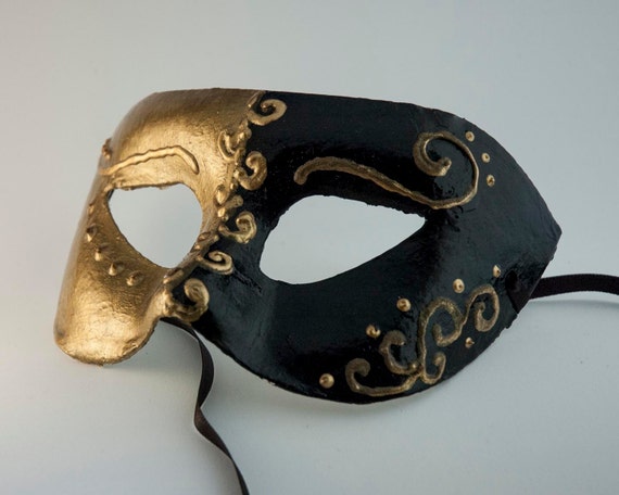 Black and gold Venetian Mask for Men, swirls in gold masculine ...