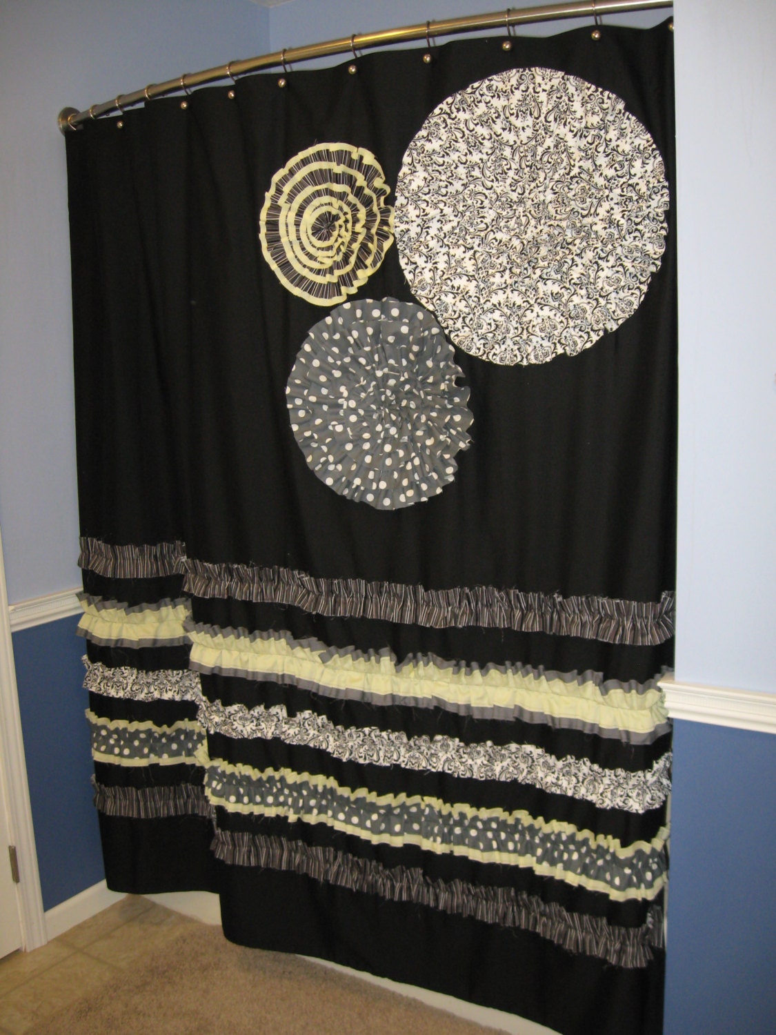 Shower Curtain Custom Made Designer Fabric Ruffles and Flowers