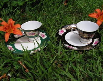 Decorative set of Teacups and Saucers - Four Cups and Six Saucers