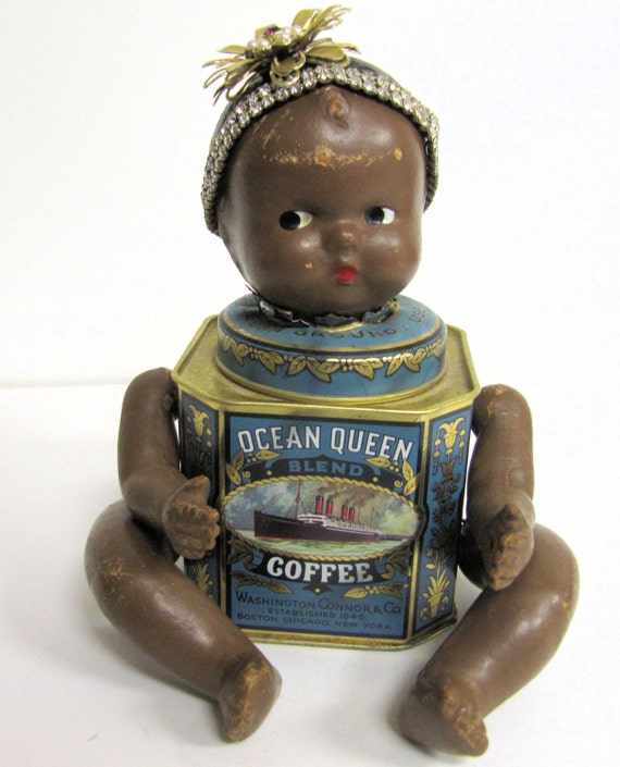 Vintage black doll assemblage Coffee Can Carla altered art