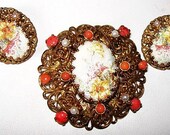 Vintage Brooch Earring Set W Germany Coral & Pearl Beads Flower Design Filigree Gold Metal 1950s